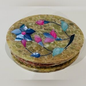 Vintage-style stone trinket box with iridescent floral inlay, in new condition